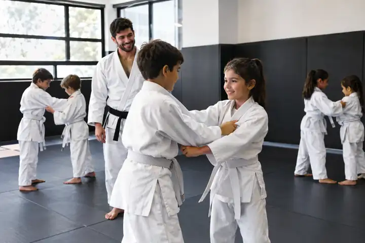 Crianças de kimono treinando judô com o professor
